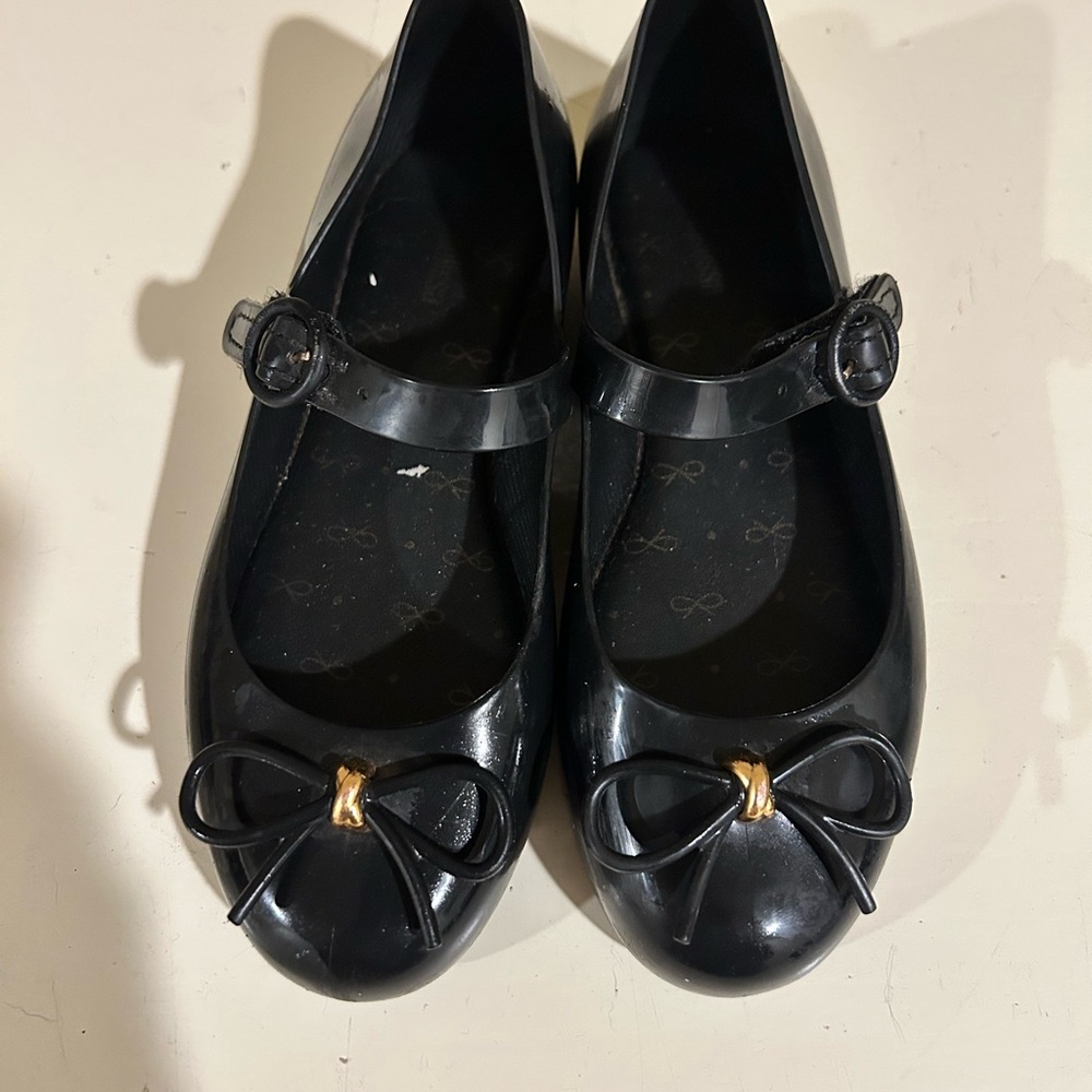 mini Melissa Black Mary Jane Flats with Bow Accent